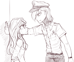 Size: 1200x1000 | Tagged: safe, artist:zorbitas, shining armor, sunset shimmer, human, fanfic:fractured sunlight, crying, fanfic art, humanized, kabedon, monochrome, police officer