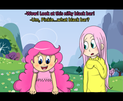 Size: 737x604 | Tagged: safe, artist:sweet-candy-girl, fluttershy, pinkie pie, clothes, fourth wall, humanized, sweatershy