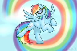 Size: 600x400 | Tagged: safe, artist:rainbow-smashed, rainbow dash, pegasus, pony, female, flying, goggles, mare, rainbow, solo