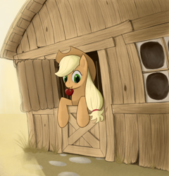 Size: 1250x1300 | Tagged: safe, artist:bakuel, applejack, earth pony, pony, barn, door, obligatory apple, solo