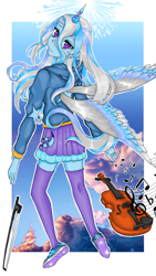 Size: 1189x2106 | Tagged: safe, artist:starwantrix, derpibooru import, trixie, alicorn, fanfic:it takes a while, equestria girls, clothes, horn, horned humanization, musical instrument, notes, princess, shoes, signature, sky, sneakers, socks, thigh highs, violin, wings