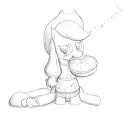 Size: 797x797 | Tagged: safe, artist:bakuel, applejack, earth pony, pony, food, looking at you, monochrome, mouth hold, pie, sitting, sketch, solo