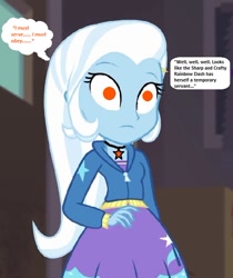 Size: 543x647 | Tagged: safe, derpibooru import, edit, edited screencap, editor:thomasfan45, screencap, trixie, better together, equestria girls, rarity investigates: the case of the bedazzled boot, 1000 hours in ms paint, blank expression, clothes, cropped, cute, diatrixes, enslaved, hoodie, implied rainbow dash, jacket, jewelry, mind control, necklace, obey, offscreen character, request, skirt, solo, speech bubble, story included, thought bubble