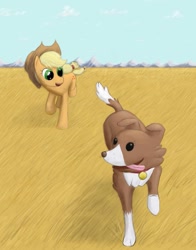 Size: 813x1038 | Tagged: safe, artist:bakuel, applejack, winona, dog, earth pony, pony, blonde mane, brown coat, duo, female, mare, orange coat