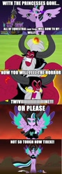 Size: 533x1499 | Tagged: safe, artist:dashiemlpfim, lord tirek, princess cadance, princess celestia, princess luna, twilight sparkle, twilight sparkle (alicorn), oc, oc:twivine sparkle, alicorn, pony, everyone steals tirek's meme, exploitable meme, female, image macro, mare, meme, queen tirevine sparkle, queen twivine sparkle, role reversal, this isn't even my final form, tirek vs everyone meme, tirevine sparkle, twivine sparkle