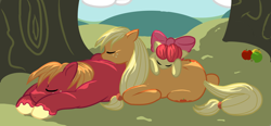 Size: 1584x736 | Tagged: safe, artist:koeks-bienchen, apple bloom, applejack, big macintosh, earth pony, pony, hatless, male, missing accessory, sleeping, stallion