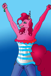 Size: 736x1086 | Tagged: safe, artist:kendallcollins, pinkie pie, anthro, female, pink coat, pink mane, pink tail, smiling