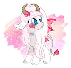 Size: 3592x3419 | Tagged: safe, artist:rish--loo, oc, oc only, oc:minxy bearheart, pony, succubus, bat wings, clothes, collar, flower, flower in hair, heart eyes, horns, solo, stockings, thigh highs, wingding eyes