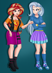 Size: 1984x2764 | Tagged: safe, artist:anonix123, derpibooru import, sunset shimmer, trixie, human, better together, equestria girls, forgotten friendship, boots, breasts, cleavage, clothes, digital art, female, high heel boots, hoodie, human coloration, legs, shoes, skirt, smiling