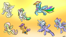 Size: 900x506 | Tagged: safe, artist:thexerostorm, blossomforth, cloudchaser, derpy hooves, flitter, fluttershy, rainbow dash, pegasus, pony