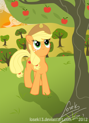 Size: 928x1280 | Tagged: safe, artist:losek13, applejack, bloomberg, earth pony, pony, looking up, solo, tree