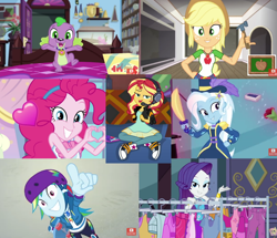Size: 1000x861 | Tagged: safe, derpibooru import, edit, edited screencap, screencap, applejack, pinkie pie, rainbow dash, rarity, spike, spike the regular dog, sunset shimmer, trixie, dog, diy with applejack, equestria girls, equestria girls series, game stream, reboxing with spike!, sic skateboard, street chic, street magic with trixie, the craft of cookies, spoiler:eqg series (season 2), bed, bracelet, clothes rack, crossed legs, eyeshadow, geode of shielding, geode of super speed, geode of super strength, hammer, hat, headphones, heart, heart hands, helmet, jewelry, lidded eyes, magical geodes, makeup, medals, pointing, sci-twi's room, skateboard, spike's dog collar, top hat, trophy, youtuber