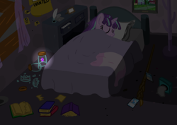 Size: 762x538 | Tagged: safe, artist:paking pie, derpibooru import, starlight glimmer, trixie, pony, unicorn, bed, blanket, book, broken glass, cute, cutie mark, eyes closed, female, implied trixie, jar, lying down, mare, messy, on side, pillow, s5 starlight, sleeping, smiling, solo, staff, staff of sameness, trading card, wanted poster, when you see it