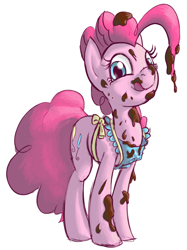 Size: 994x1326 | Tagged: safe, artist:derkrazykraut, pinkie pie, earth pony, pony, apron, chocolate, clothes, food, frosting, messy, solo