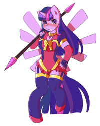 Size: 2107x2645 | Tagged: safe, artist:fluffleduckle, twilight sparkle, twilight sparkle (alicorn), alicorn, anthro, unguligrade anthro, clothes, female, garters, magical girl, mare, simple background, socks, solo, staff, thigh highs, white background