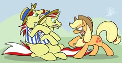 Size: 1100x572 | Tagged: safe, artist:secoh2000, applejack, flam, flim, earth pony, pony, flim flam brothers