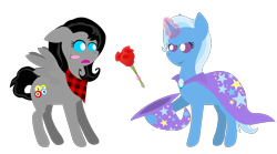 Size: 1800x1000 | Tagged: safe, alternate version, artist:princesstempestgale, derpibooru import, edit, trixie, oc, oc:nika, pony, unicorn, bandana, blushing, canon x oc, female, lesbian, mare, rose, shipping