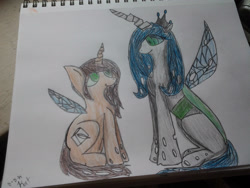 Size: 2048x1536 | Tagged: safe, artist:askqueenchrysalisxx, queen chrysalis, oc, oc:poisoned soul, changeling, changeling queen, female, traditional art