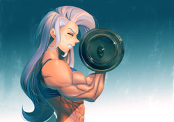 Size: 1400x988 | Tagged: safe, artist:bakki, derpibooru import, trixie, human, commission, dumbbell (object), eyes closed, grand and muscular trixie, gritted teeth, humanized, lifting, muscles, muscular female, struggling, sweat, weight lifting, workout, workout outfit