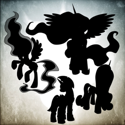 Size: 1500x1497 | Tagged: safe, artist:dutchgirl626, artist:rosieu, princess cadance, princess celestia, princess luna, twilight sparkle, twilight sparkle (alicorn), alicorn, pony, alicorn tetrarchy, armor, female, mare, silhouette