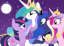 Size: 1024x750 | Tagged: safe, artist:tigerpegasus, princess cadance, princess celestia, princess luna, twilight sparkle, twilight sparkle (alicorn), alicorn, pony, twilight's kingdom, alicorn tetrarchy, female, mare, moon, night, scene interpretation, you'll play your part