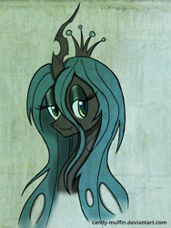 Size: 1024x1365 | Tagged: safe, artist:candy-muffin, queen chrysalis, changeling, changeling queen, bust, crown, female, jewelry, portrait, regalia, smiling, solo