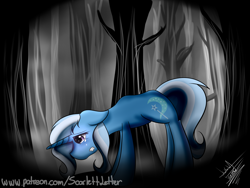 Size: 4000x3000 | Tagged: safe, artist:scarlett-letter, derpibooru import, trixie, pony, unicorn, alone, crying, dark, fanart, female, forest, mare, patreon, sad, solo