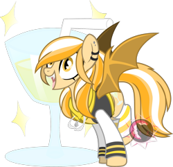 Size: 2455x2365 | Tagged: safe, alternate version, artist:red_moonwolf, oc, oc only, oc:mango milkshake, bat pony, pony, bat pony oc, clothes, fangs, glass, hoodie, inkscape, piercing, simple background, socks, stockings, thigh highs, transparent background, vector, wine glass