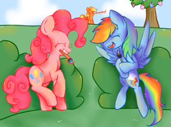 Size: 791x586 | Tagged: safe, artist:alachu, artist:sunomii, applejack, bloomberg, pinkie pie, rainbow dash, earth pony, pegasus, pony