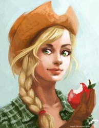 Size: 638x825 | Tagged: safe, artist:majoh, applejack, apple, bust, humanized, obligatory apple, solo