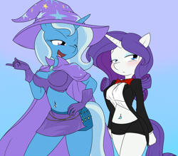 Size: 1186x1041 | Tagged: safe, artist:sandwich-anomaly, derpibooru import, rarity, trixie, anthro, belly button, bellyring, blushing, bowtie, cape, cleavage, clothes, embarrassed, evening gloves, female, gloves, hat, lesbian, midriff, open mouth, piercing, rarixie, shipping, wink, wizard hat