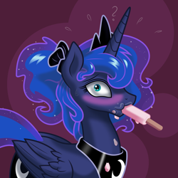 Size: 8000x8000 | Tagged: safe, artist:kp-shadowsquirrel, artist:parclytaxel, princess luna, alicorn, pony, .svg available, absurd resolution, alternate hairstyle, blushing, eating, emanata, embarrassed, female, food, looking at you, mare, messy eating, plewds, ponytail, popsicle, question mark, scrunchy face, shading, solo, sucking, surprised, sweat, vector, wide eyes