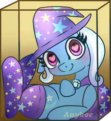 Size: 480x524 | Tagged: safe, artist:anykoe, derpibooru import, trixie, pony, unicorn, box, clothes, cute, design, diatrixes, heart eyes, looking at you, pony in a box, socks, solo, wingding eyes