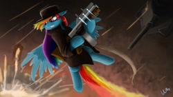 Size: 1600x900 | Tagged: safe, artist:rublegun, rainbow dash, pegasus, pony, blue mane, female, gun, mare, multicolored mane