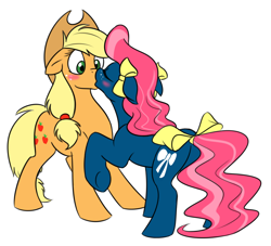 Size: 990x898 | Tagged: safe, artist:calicopikachu, applejack, bow tie (g1), earth pony, pony, g1, g4, blushing, bow, bowtiejack, duo, eyes closed, female, g1 to g4, generation leap, hair bow, kissing, lesbian, mare, raised hoof, shipping, simple background, tail bow, white background