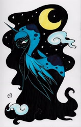 Size: 1631x2564 | Tagged: safe, artist:nekotigerfire, princess luna, alicorn, pony, cloak, clothes, moon, solo, spirit of hearth's warming yet to come, traditional art