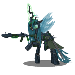 Size: 500x500 | Tagged: safe, artist:darkstarflyer66, queen chrysalis, changeling, changeling queen, armor, female, gun, pixel art, solo, weapon