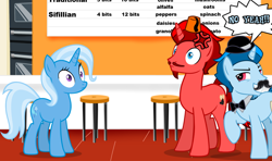 Size: 964x572 | Tagged: safe, artist:jt2zemax, derpibooru import, trixie, oc, oc:casper cake, oc:jasper pie, pony, unicorn, bowler hat, bowtie, cross-popping veins, evil smirk, fez, hat, oven, pizzeria, stool, wide eyes