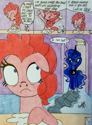 Size: 2184x2962 | Tagged: safe, artist:darkest-lunar-flower, pinkie pie, princess luna, alicorn, earth pony, pony, comic, dialogue, flour, luna is not amused, singing, smile song, traditional art