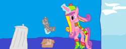 Size: 1018x395 | Tagged: safe, artist:awsome pony mlp, princess cadance, oc, oc:double stitch, alicorn, pony, abandoned, baby, baby pony, back alley, boots, box, clothes, female, foal, hat, hearth's warming, magic, mare, scarf