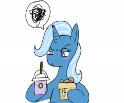 Size: 2048x1711 | Tagged: safe, artist:omegapony16, derpibooru import, trixie, pony, unicorn, annoyed, blushing, female, food, hoof hold, mare, pictogram, simple background, solo, unicorn frappuccino, white background