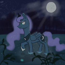 Size: 1700x1700 | Tagged: safe, artist:hypno, princess luna, alicorn, pony, moon, night, solo, water