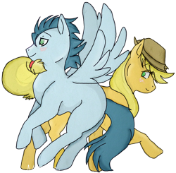 Size: 664x651 | Tagged: dead source, safe, artist:insomniacawake, applejack, soarin', earth pony, pegasus, pony, blank flank, female, male, shipping, simple background, soarinjack, straight, tail seduce