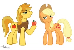 Size: 1178x786 | Tagged: safe, artist:bartucthebloody, applejack, braeburn, earth pony, pony, apple, braejack, female, incest, male, shipping, simple background, straight