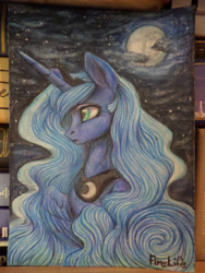 Size: 3456x4608 | Tagged: safe, artist:andyfirelife, princess luna, alicorn, pony, moon, solo, stars, traditional art