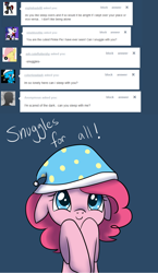 Size: 1000x1723 | Tagged: safe, artist:maplesunrise, pinkie pie, earth pony, pony, ask, ask snuggle pie, cute, diapinkes, hat, nightcap, solo, tumblr