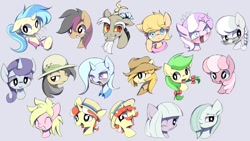 Size: 1023x575 | Tagged: dead source, safe, artist:skippy_the_moon, derpibooru import, allie way, apple fritter, braeburn, cheerilee, daring do, diamond tiara, discord, flam, flim, limestone pie, marble pie, moonlight raven, ms. harshwhinny, silver spoon, stellar eclipse, sunshine smiles, trixie, pony, unicorn, hearthbreakers, apple family member, female, glasses, mare