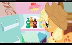 Size: 1680x1050 | Tagged: safe, screencap, applejack, earth pony, pony, applebuck season, ei, gene hackman, hub logo, solo, youtube caption