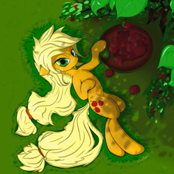 Size: 1280x1280 | Tagged: safe, artist:munkari, applejack, earth pony, pony, apple, grass, on back, solo