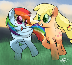 Size: 2000x1800 | Tagged: safe, artist:mister-markers, applejack, rainbow dash, earth pony, pegasus, pony, female, mare, running